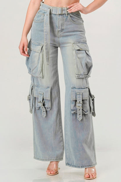 Denim - Belted Denim Cargo Jean