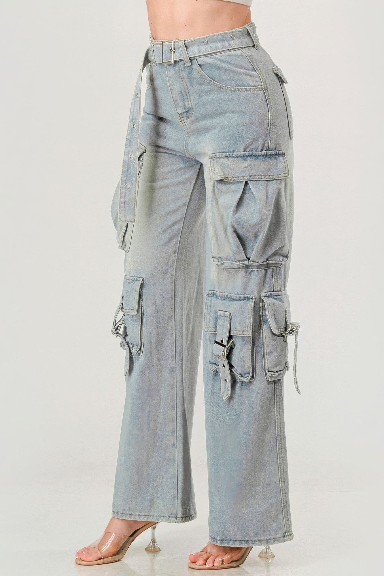 Denim - Belted Denim Cargo Jean