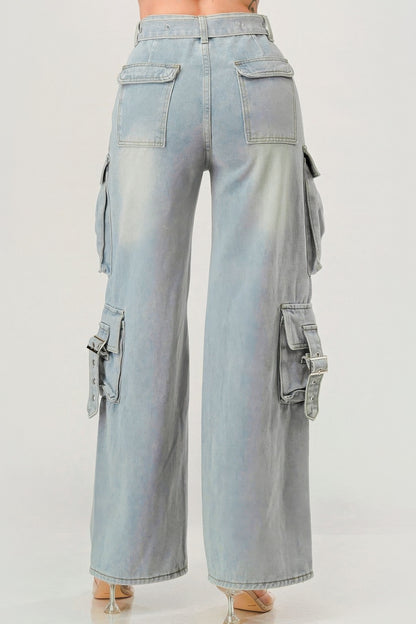 Denim - Belted Denim Cargo Jean