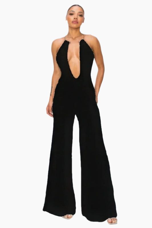 A-C Slinky Wide Leg Jumpsuit W/metal Choker Necklace