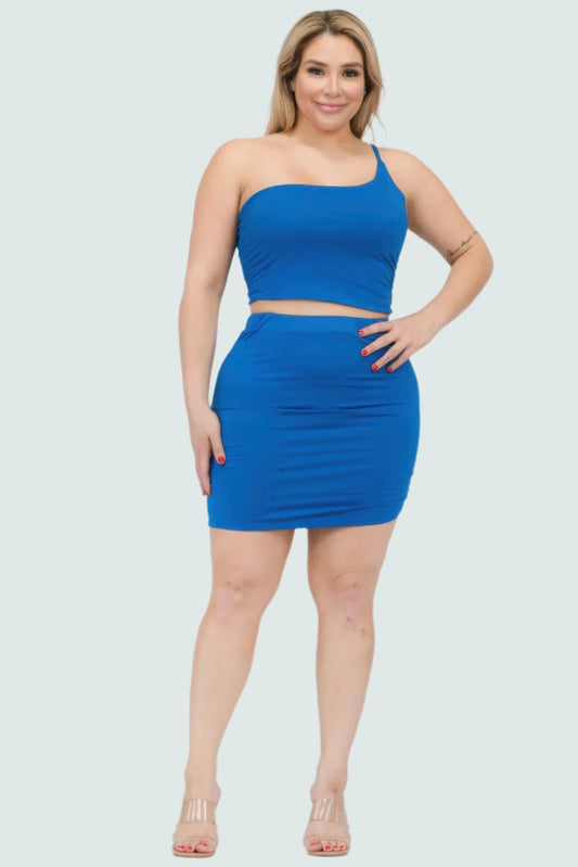 Plus Size One Shoulder Ruched Crop Top & Mini Skirt Set