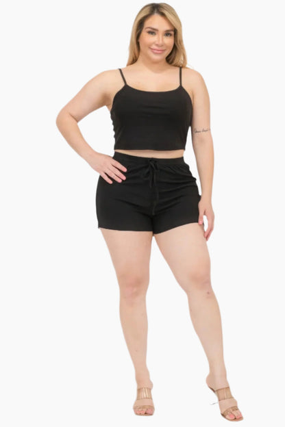 Plus Size Solid Ribbed Cami Top And Shorts Set