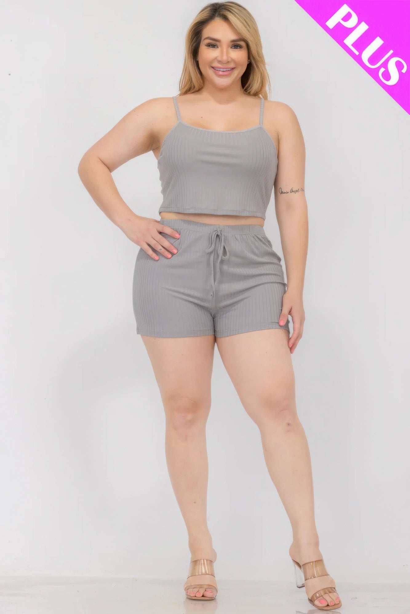 Plus Size Solid Ribbed Cami Top And Shorts Set