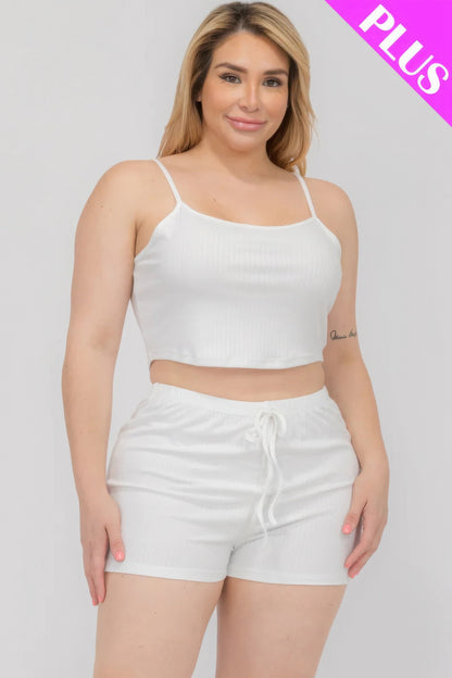 Plus Size Solid Ribbed Cami Top And Shorts Set