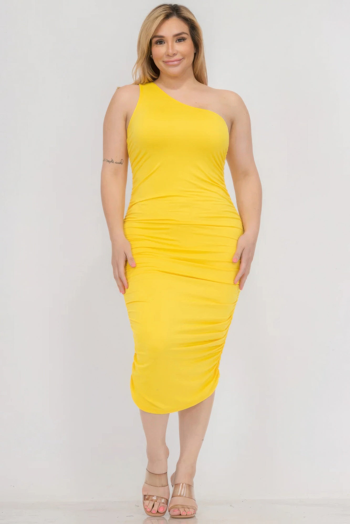 Plus Size Sexy Solid Color Ruched One Shoulder Midi Bodycon Dress