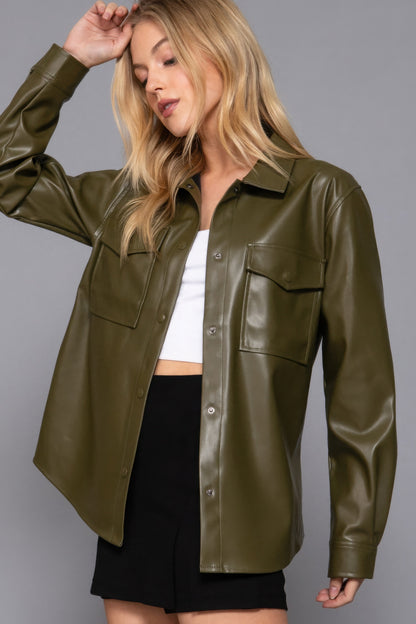 Long Slv Faux Leather Shacket