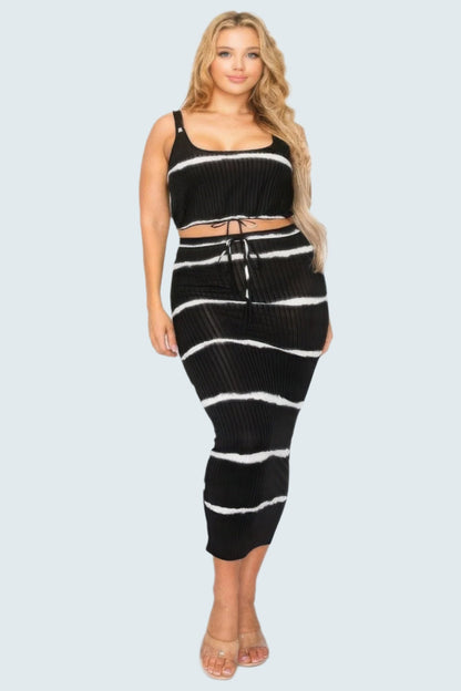 Plus sleeveless tie dye stripe 2 piece skirt set