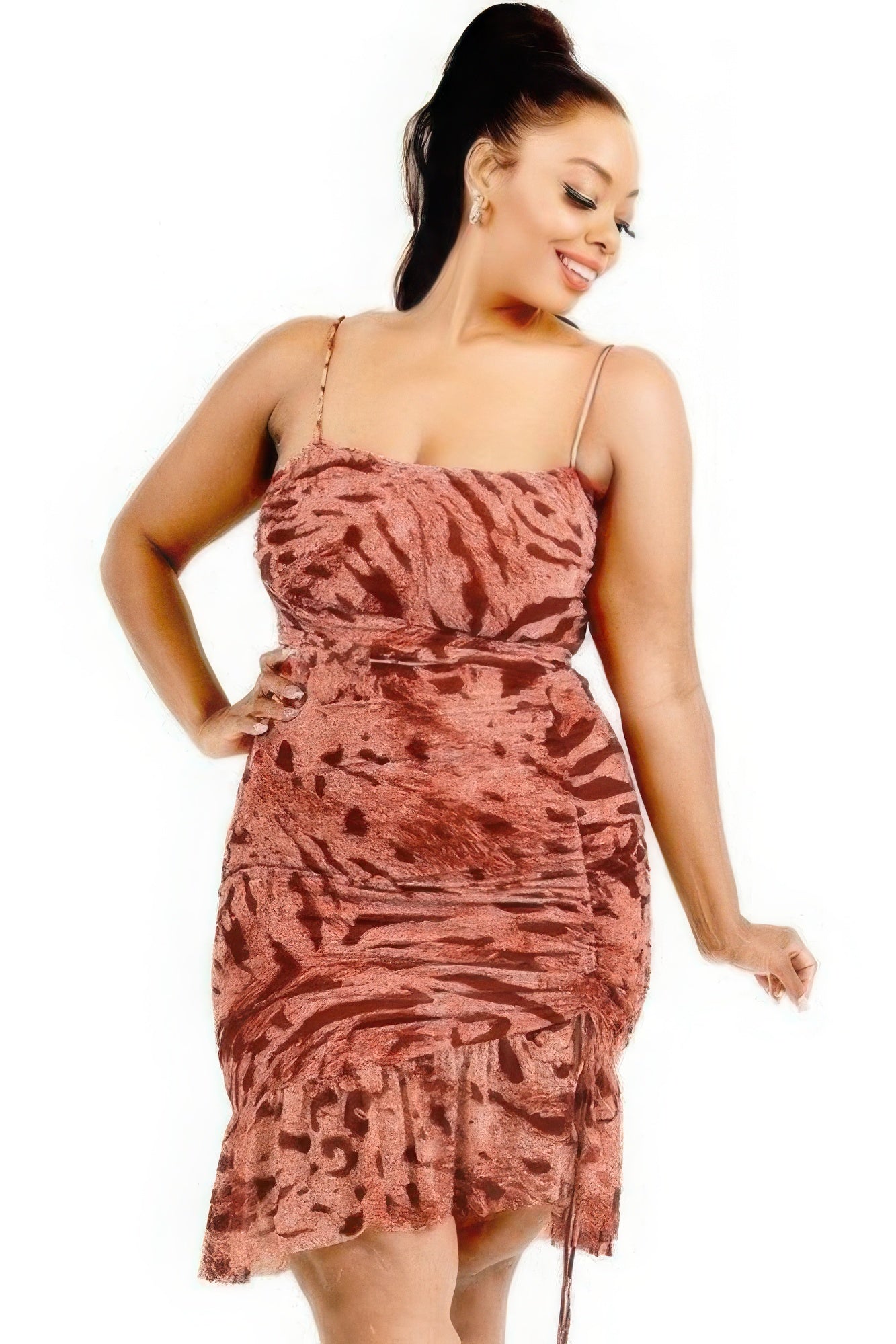 DRESSES - Plus Size wild animal print cami strap ruffle hem dress