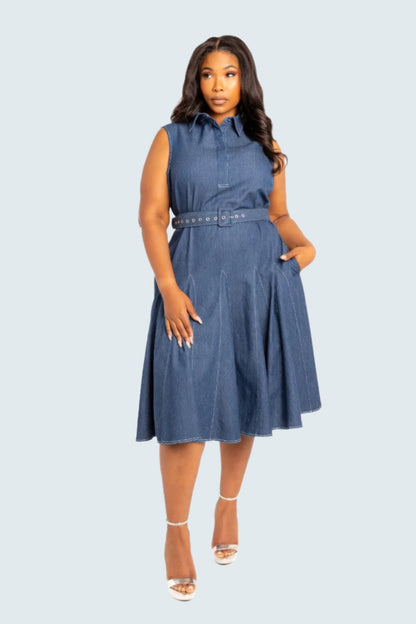 Contrast stitch washed denim shirt dress with belt