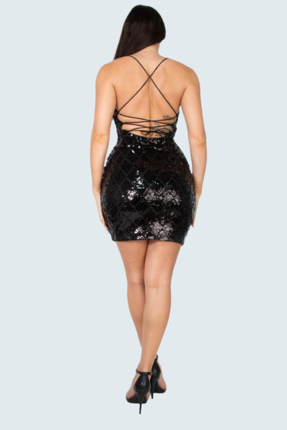 EVENINGS - Sequin-studded crisscross back mini dress