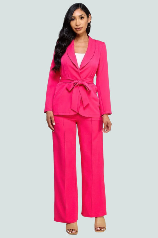 Waist Tie Blazer With Wide Leg Pants Set