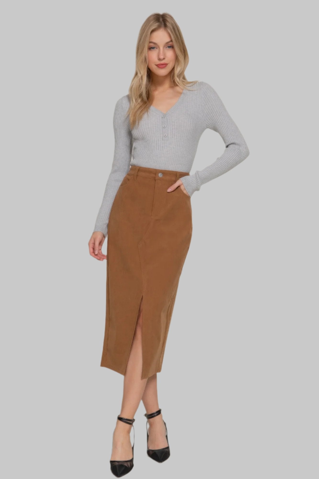 SKIRTS - Divas Front Open Slit Corduroy Midi Skirt