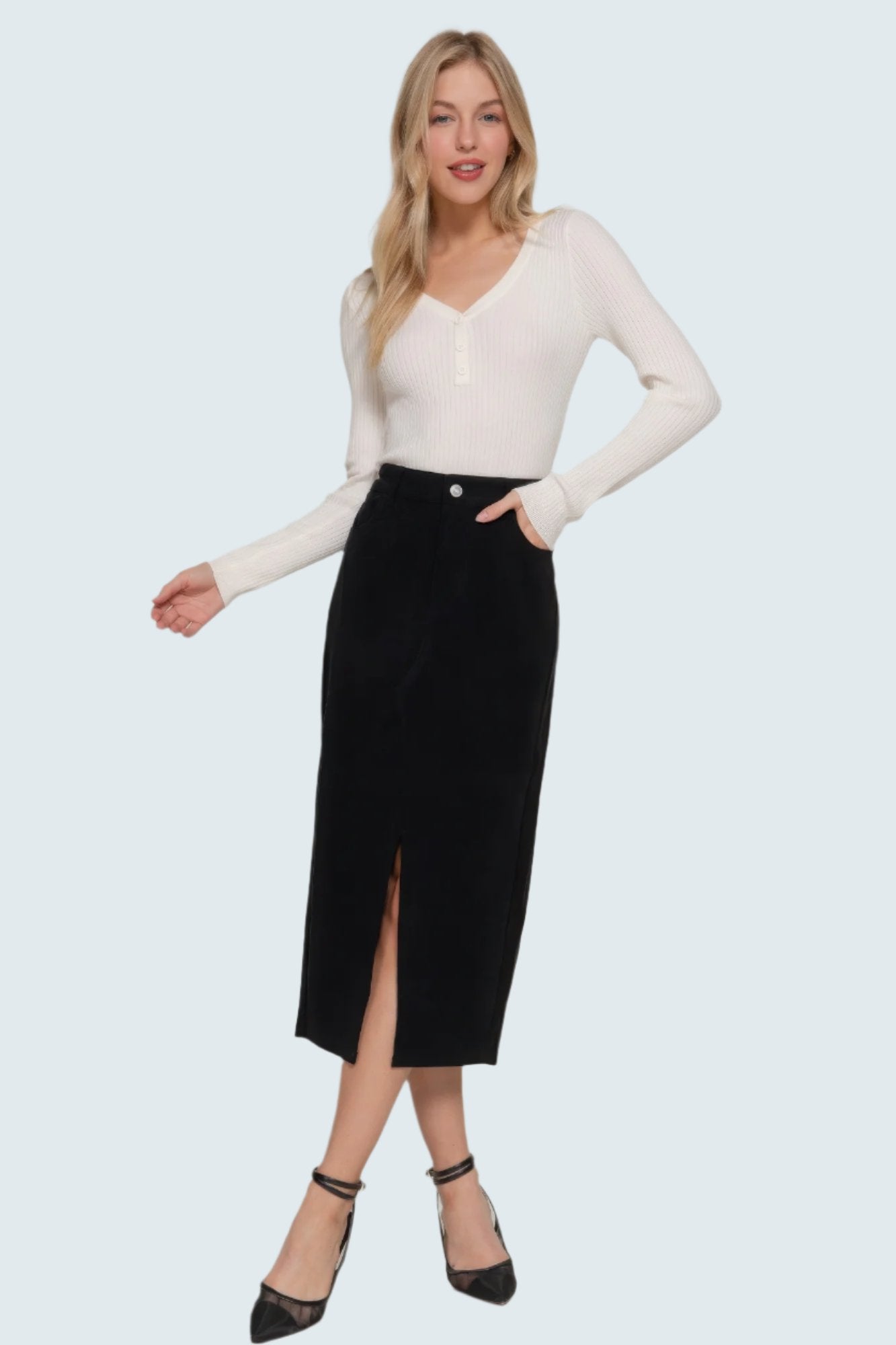 Front Open Slit Corduroy Midi Skirt