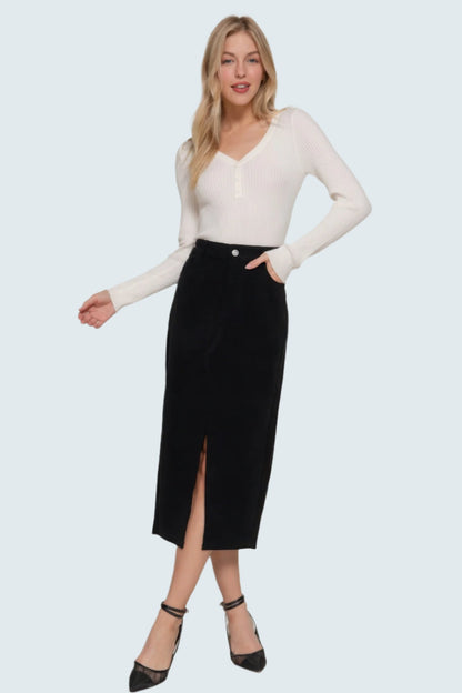 Front Open Slit Corduroy Midi Skirt