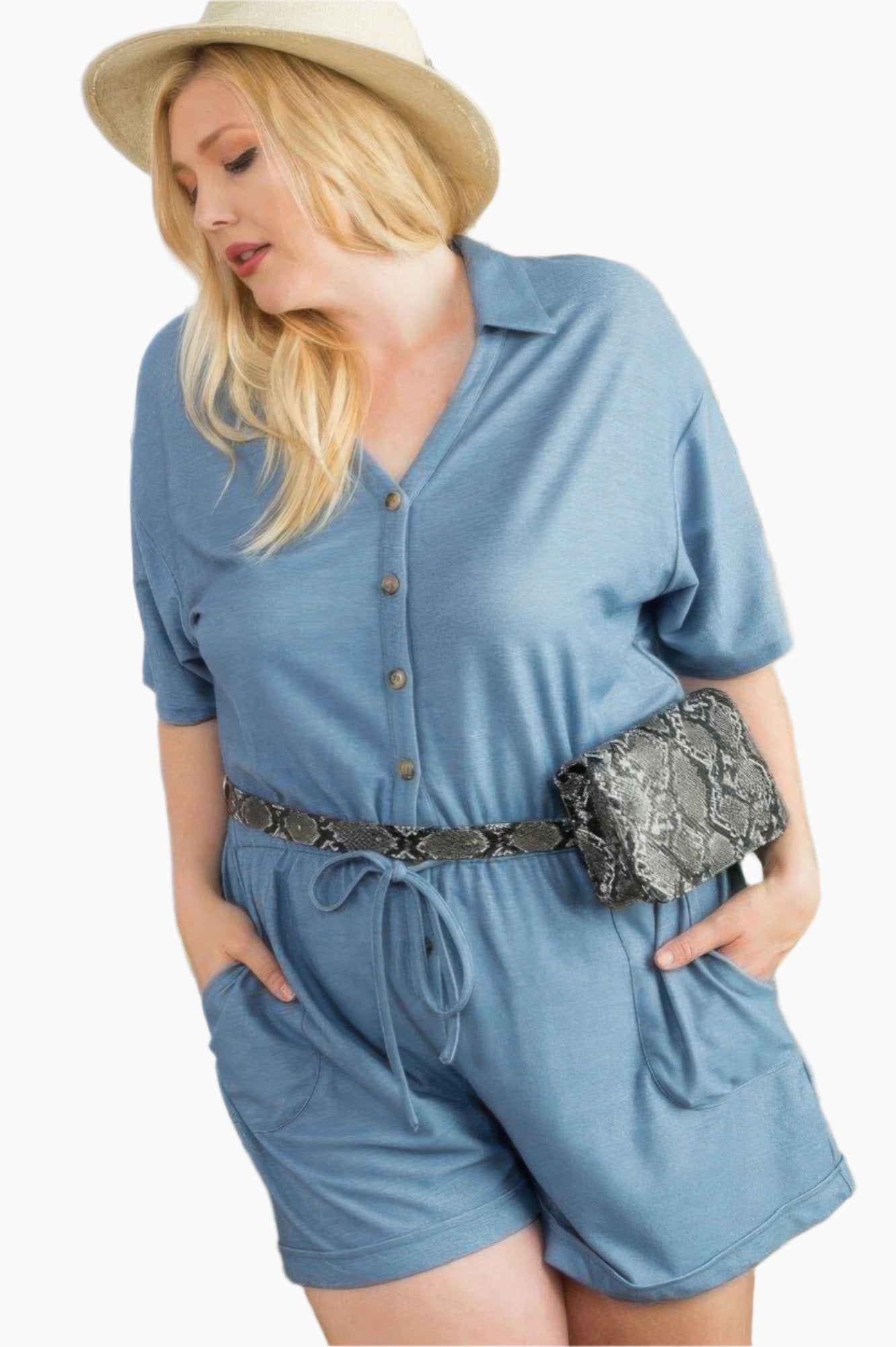 Short Sleeve Collar V Neck Waist Elastic Side Pocket Button Down Knit Romper