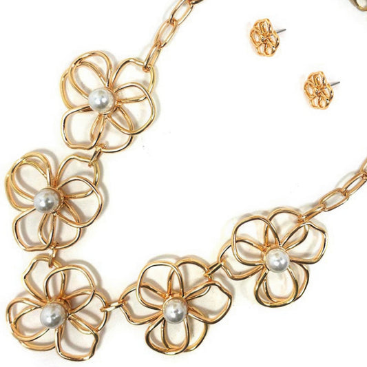 SETS: DIVAS FASHION JEWELRY - Metal Flower Statement Necklace, Earring, and Ring Set