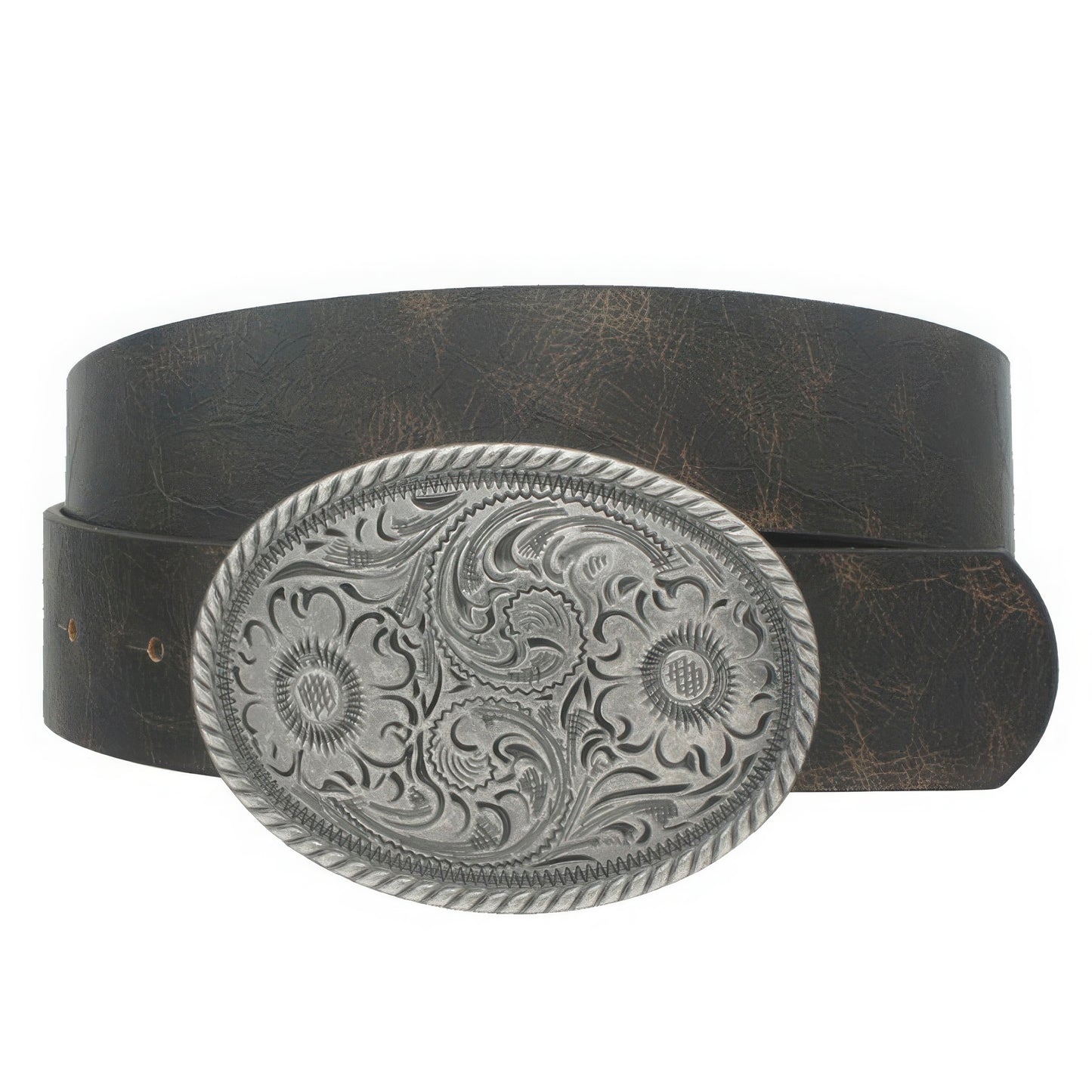 BELTS - Flower Embossed Oval Buckle Vintage Strap Belt