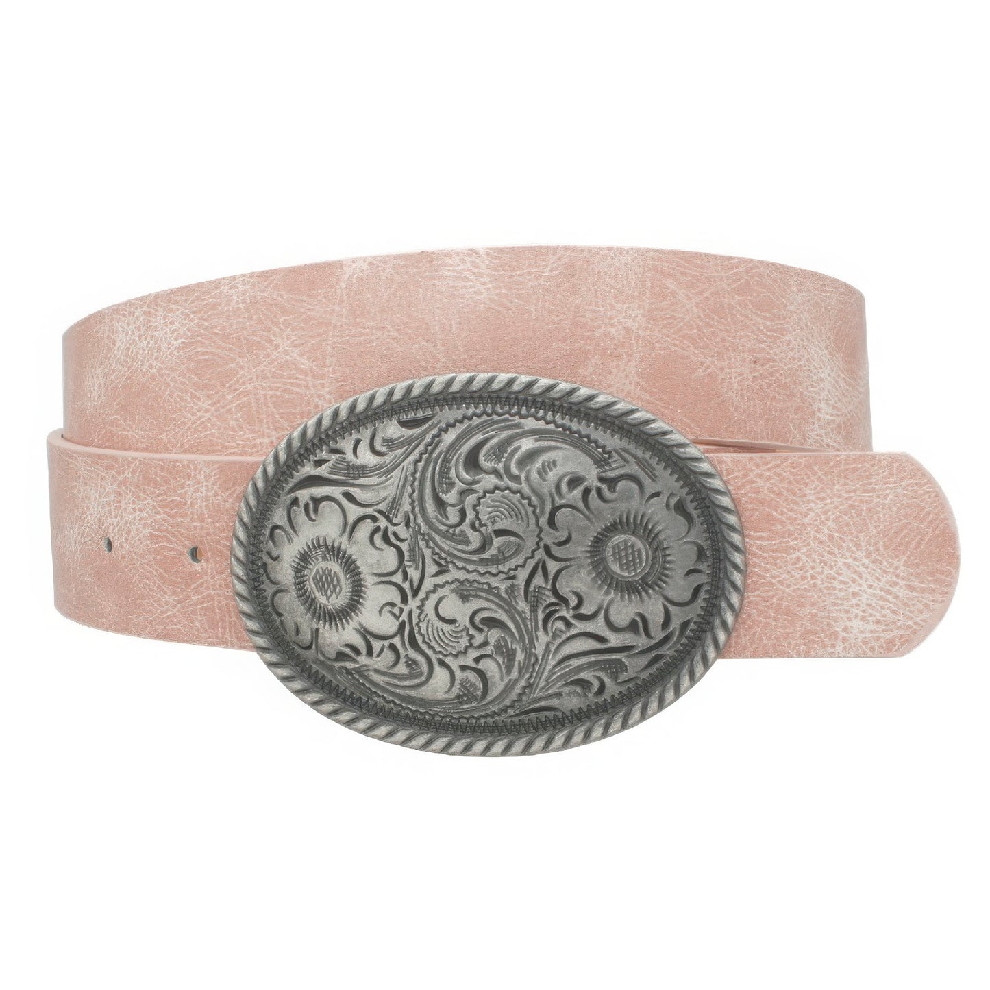 BELTS - Flower Embossed Oval Buckle Vintage Strap Belt