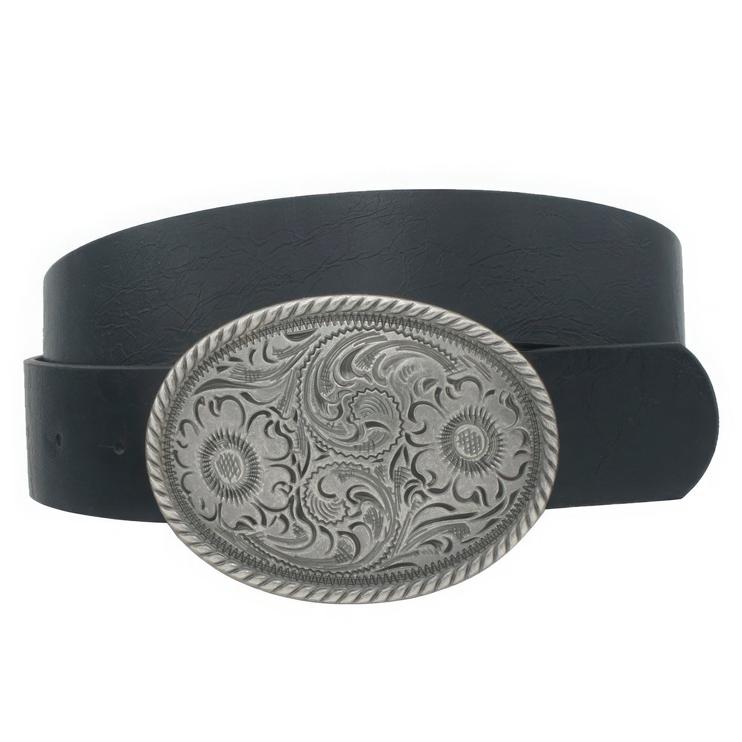 BELTS - Flower Embossed Oval Buckle Vintage Strap Belt