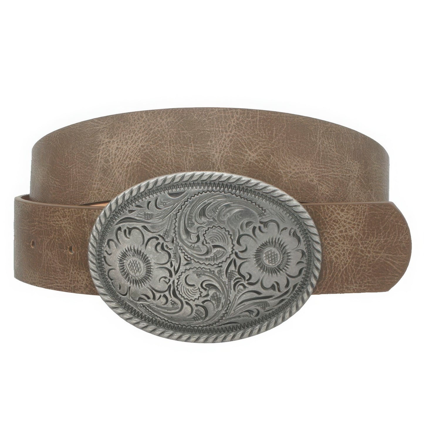 BELTS - Flower Embossed Oval Buckle Vintage Strap Belt