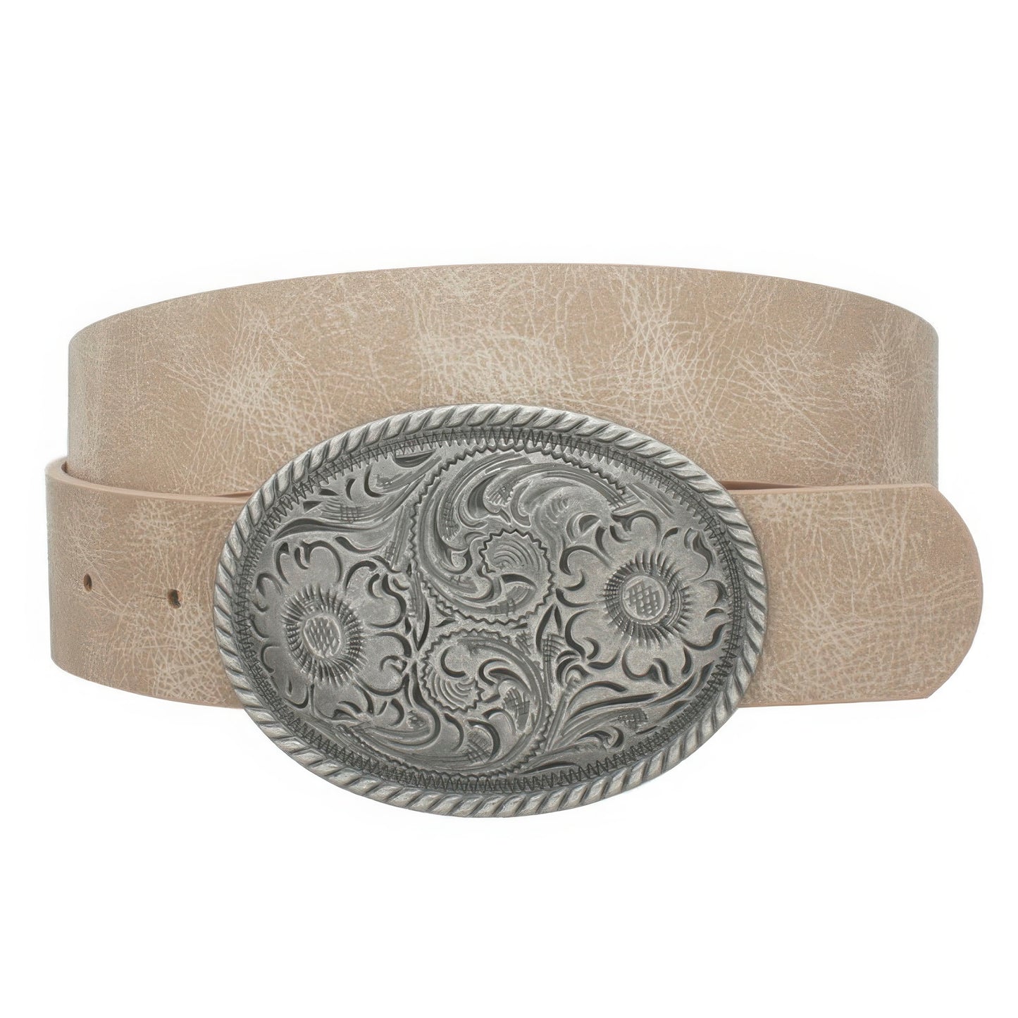 BELTS - Flower Embossed Oval Buckle Vintage Strap Belt