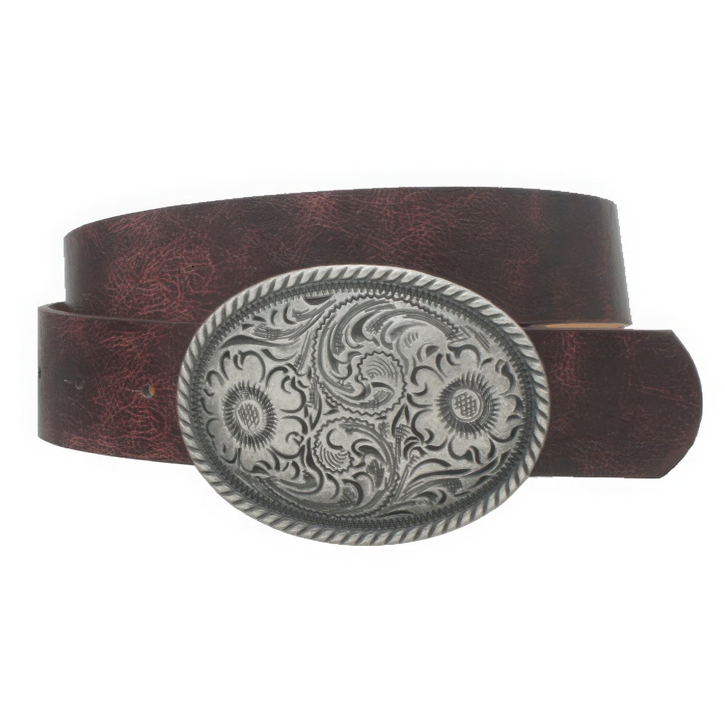 BELTS - Flower Embossed Oval Buckle Vintage Strap Belt