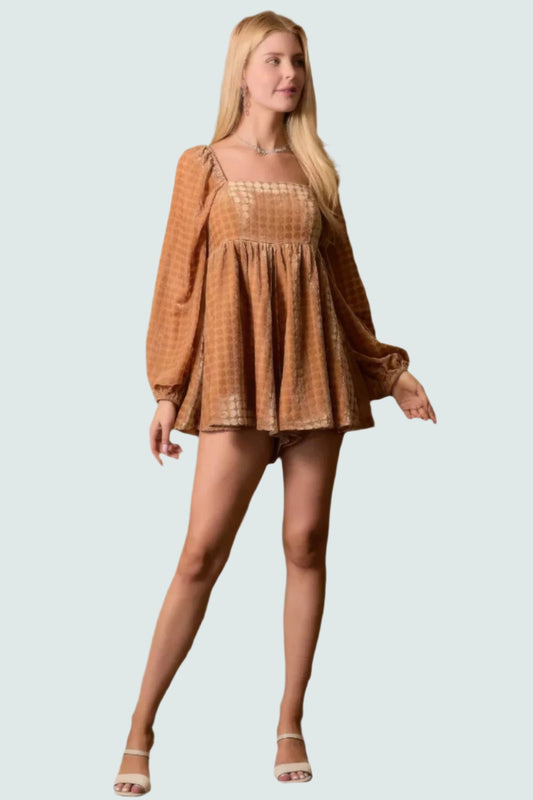 Velvet Long Sleeve Square Neck Flowy Romper