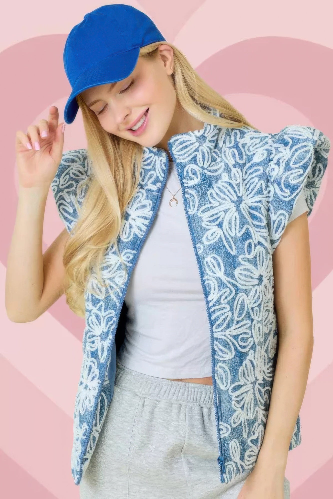 DENIM - Floral Velvet Embroidered Denim Puffer Vest