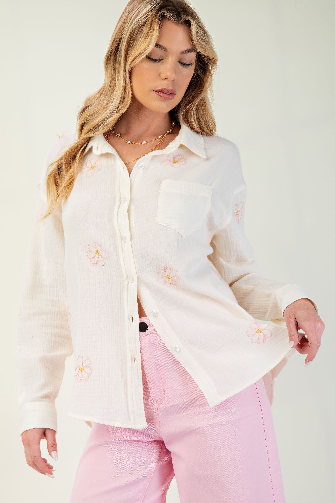 Embo detailed cotton gauze button down shirt