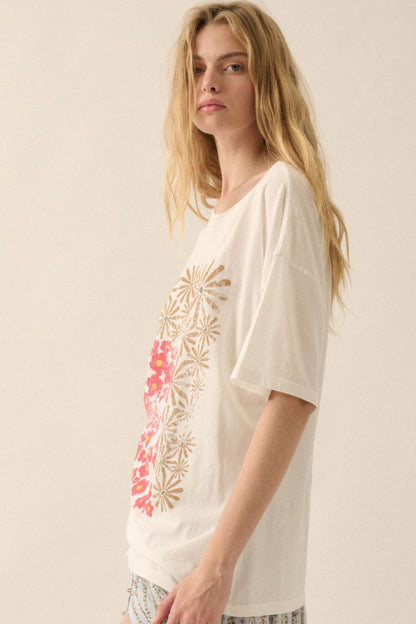 Duo flowers vintage-wash oversized graphic tee