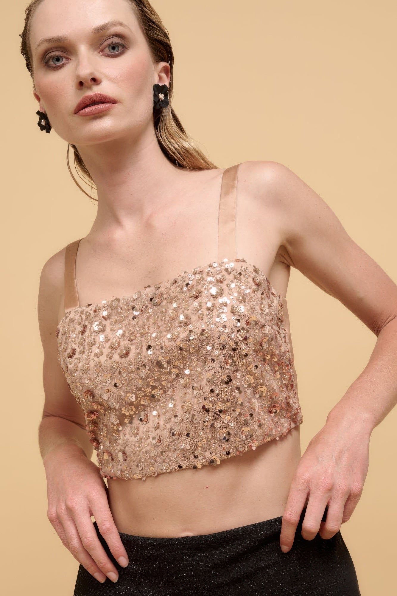 Floral sequins straight neck crop top