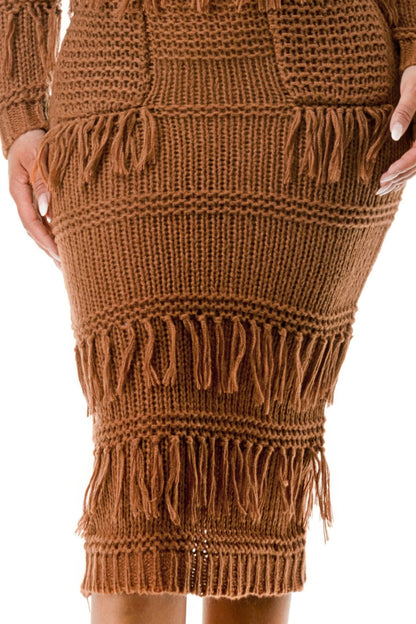 Knit Long Sleeve Fringe Dress