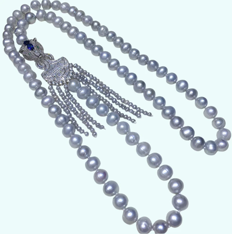 NECKLACE - Gorgeous Natural 9-10mm Gray Cultured Freshwater Pearl, Leopard Head CZ Tassel Pendant, 32inch