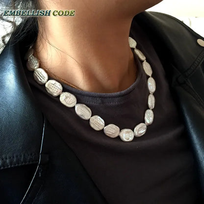 NECKLACE - Unusual emblished baroque pearl necklace white gloss, Ellipse oval egg shape natural cultured pearls