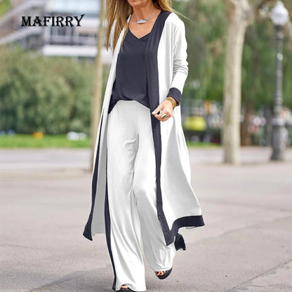 Women Casual V-Neck Sling Top Straight Trouser Long Cardigan 3PCS Suit Solid Wide Leg Pant Spring Autumn Streetwear Dropshipping