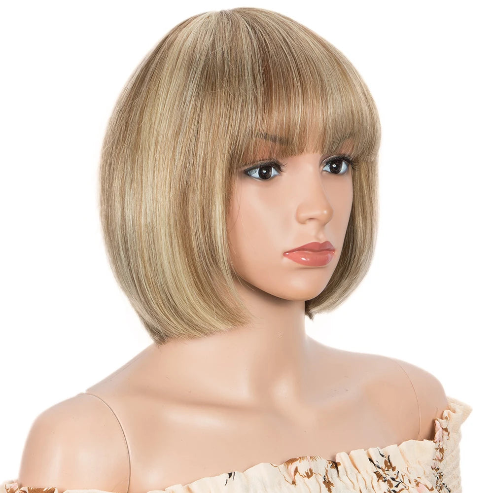 HAIR - Chic Short Real Human Hair Wig with Bangs, Pixie Cut Brazilian Hair Wigs, suitable for all occasions, are available in nine (9) colors and are ten (10) inches long. They are easy to maintain, style, trim, and care for.