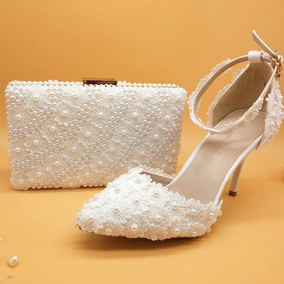 FOOTWEAR - Stunning Lace Flower Shoes With Matching Bag, High Heels Pointed Toe, Ankle Strap, Matching Pearl bag