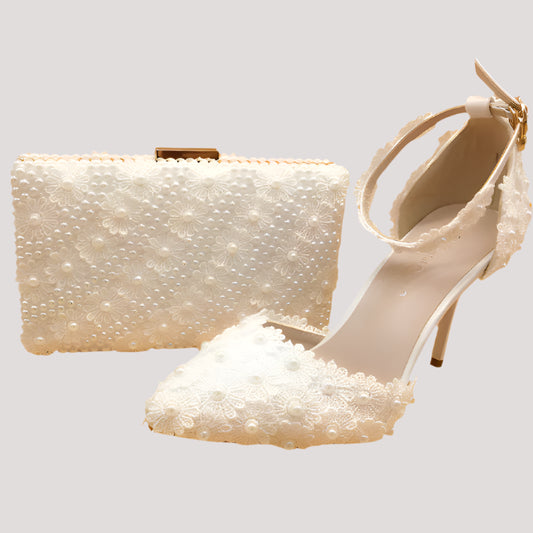 FOOTWEAR - Stunning Lace Flower Shoes With Matching Bag, High Heels Pointed Toe, Ankle Strap, Matching Pearl bag