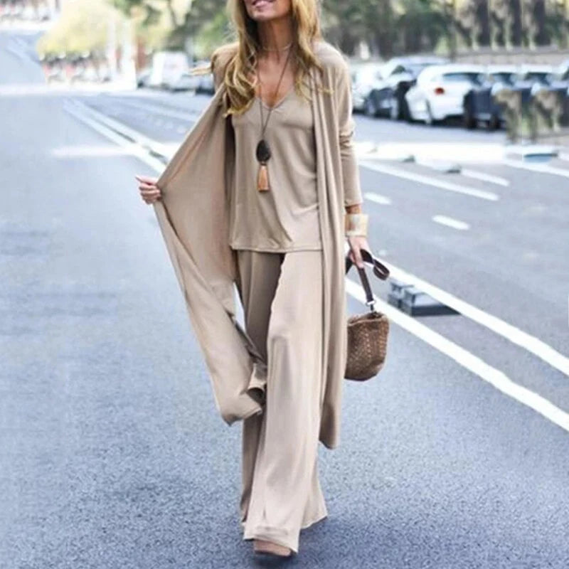 Women Casual V-Neck Sling Top Straight Trouser Long Cardigan 3PCS Suit Solid Wide Leg Pant Spring Autumn Streetwear Dropshipping