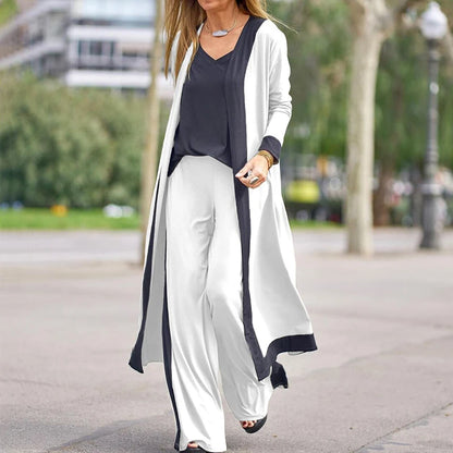 Women Casual V-Neck Sling Top Straight Trouser Long Cardigan 3PCS Suit Solid Wide Leg Pant Spring Autumn Streetwear Dropshipping