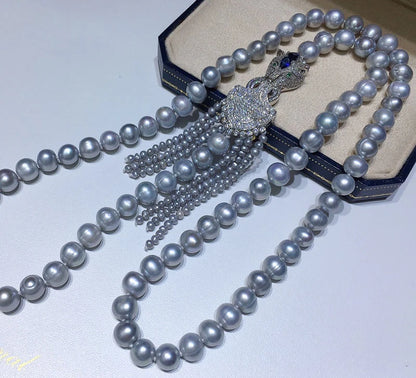 NECKLACE - Gorgeous Natural 9-10mm Gray Cultured Freshwater Pearl, Leopard Head CZ Tassel Pendant, 32inch