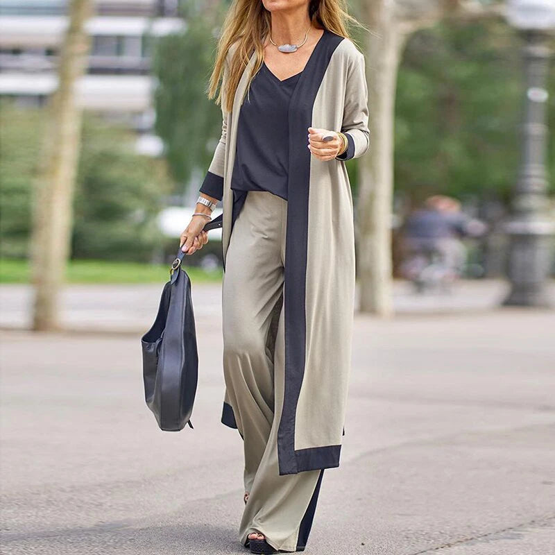 Women Casual V-Neck Sling Top Straight Trouser Long Cardigan 3PCS Suit Solid Wide Leg Pant Spring Autumn Streetwear Dropshipping