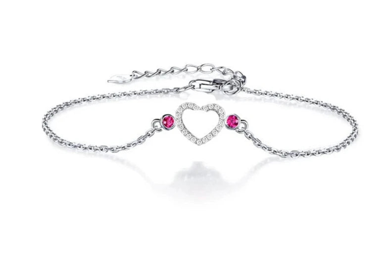 FJ BRACELET - Romantic Solid 18k White Gold Certified Diamond Bracelet, SI/H Full Cut Natural Diamonds & Ruby Design.