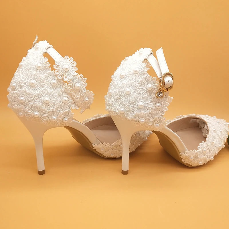 FOOTWEAR - Stunning Lace Flower Shoes With Matching Bag, High Heels Pointed Toe, Ankle Strap, Matching Pearl bag