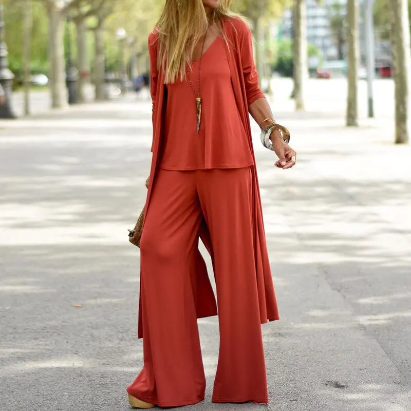 Women Casual V-Neck Sling Top Straight Trouser Long Cardigan 3PCS Suit Solid Wide Leg Pant Spring Autumn Streetwear Dropshipping