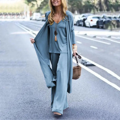 Women Casual V-Neck Sling Top Straight Trouser Long Cardigan 3PCS Suit Solid Wide Leg Pant Spring Autumn Streetwear Dropshipping