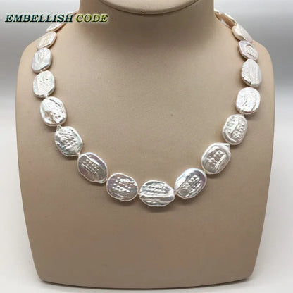 NECKLACE - Unusual emblished baroque pearl necklace white gloss, Ellipse oval egg shape natural cultured pearls