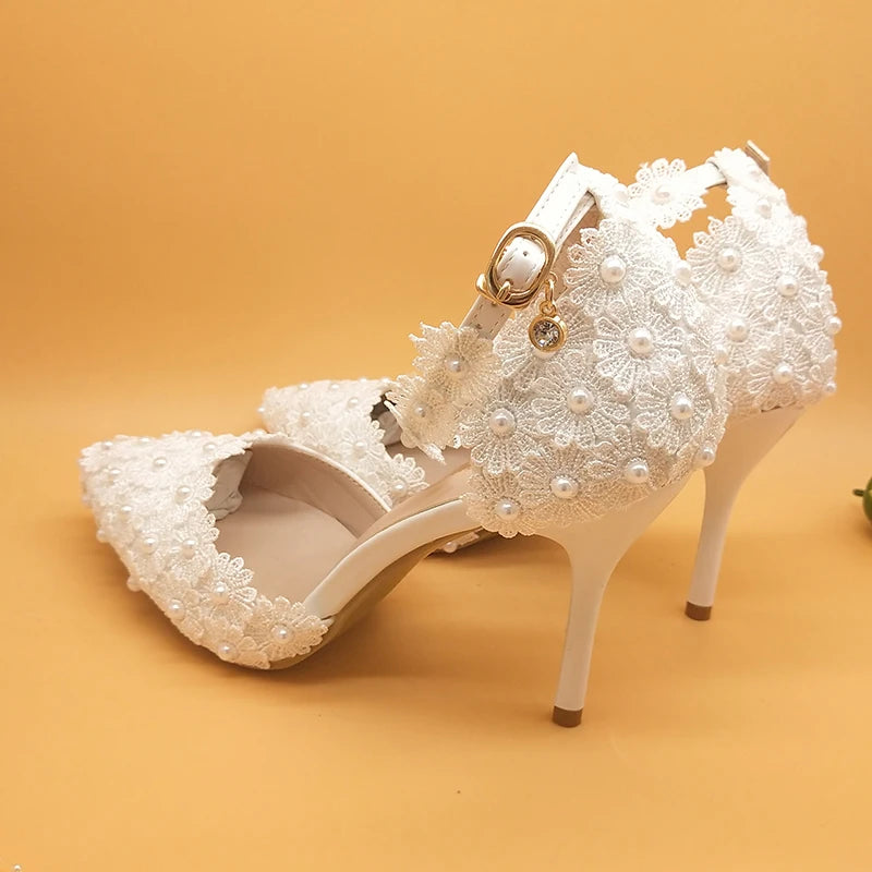 FOOTWEAR - Stunning Lace Flower Shoes With Matching Bag, High Heels Pointed Toe, Ankle Strap, Matching Pearl bag