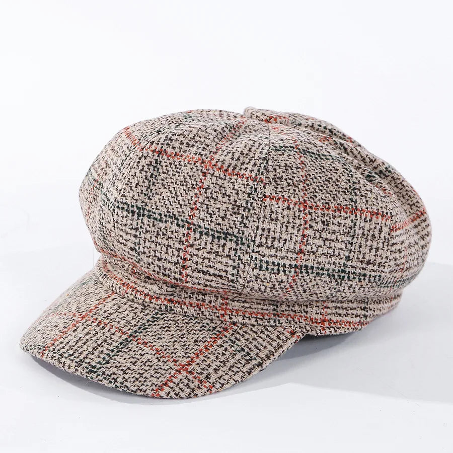 HAT -  Newsboy Cap, Six Colors, Thickened Plaid Woolen Octagonal Hat with Brim for Shade.