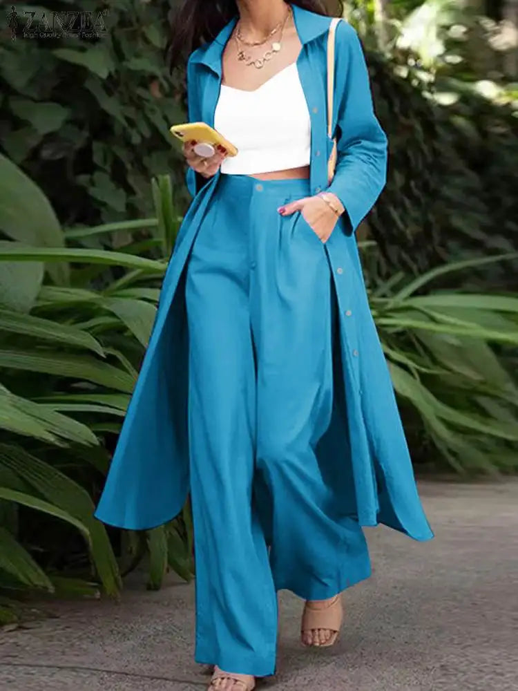 SETS - Elegant matching set featuring a long-sleeve split lapel button blouse and wide-leg trousers, available in four color choices and sizes ranging from S to 5XL.